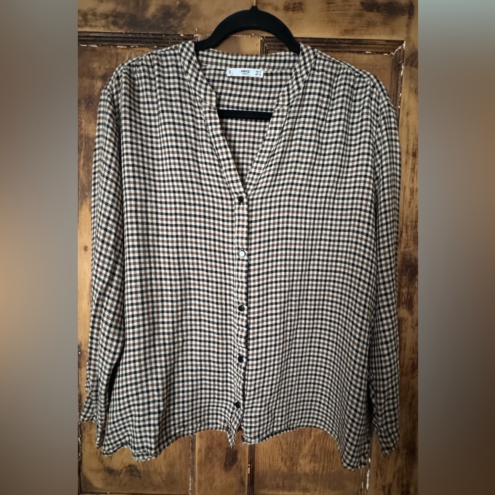 Mango Brown and Black Checked Button-Front Blouse